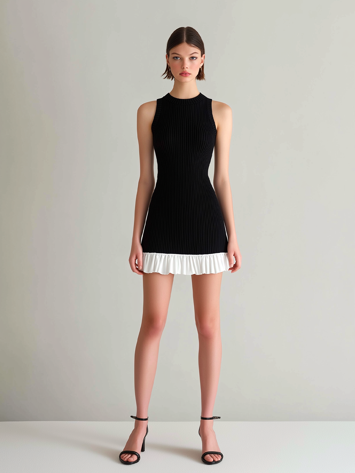 ElevenOra Chic Elegant Black Round-Neck Sleeveless Chiffon Ruffle Patchwork Details Bodycon Knit Mini Dress