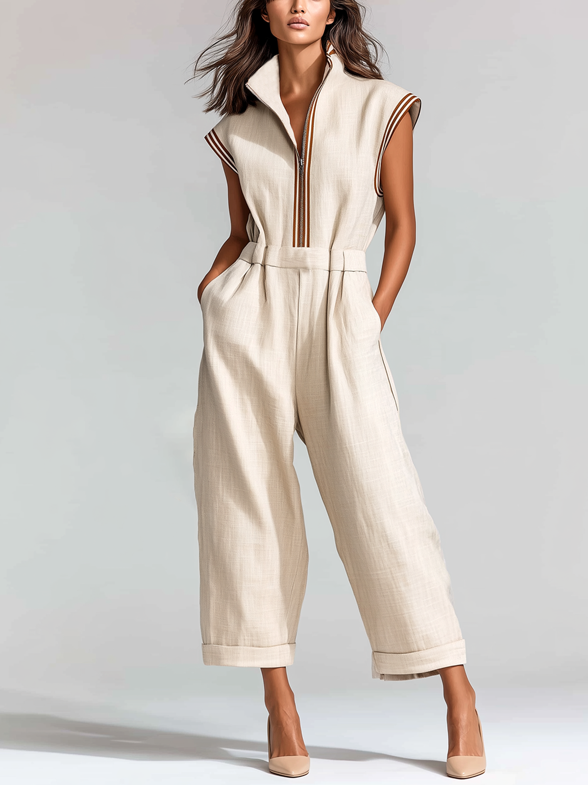 ElevenOra Chic Casual White Colorblock Cotton-Linen Blend Stand-collar Zipper-Front Sleeveless Elastic-Waist Cropped Wide-Leg Jumpsuit