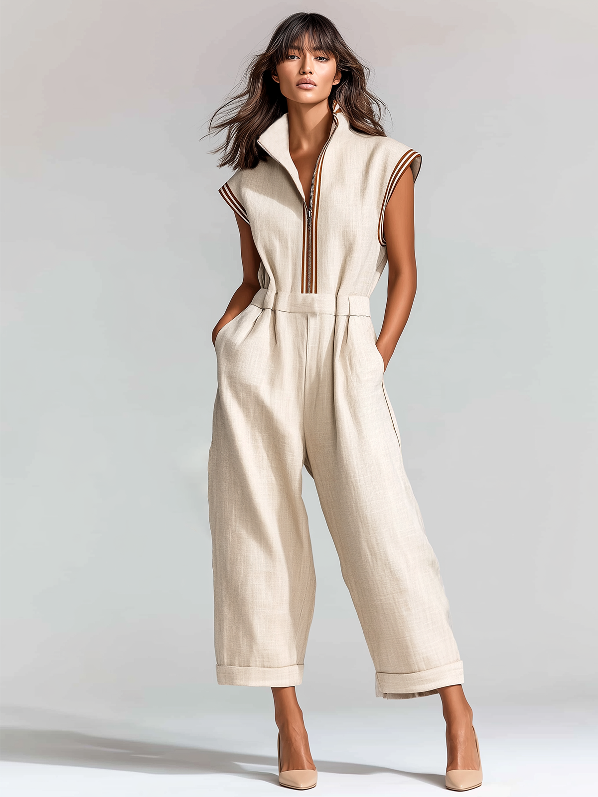 ElevenOra Chic Casual White Colorblock Cotton-Linen Blend Stand-collar Zipper-Front Sleeveless Elastic-Waist Cropped Wide-Leg Jumpsuit