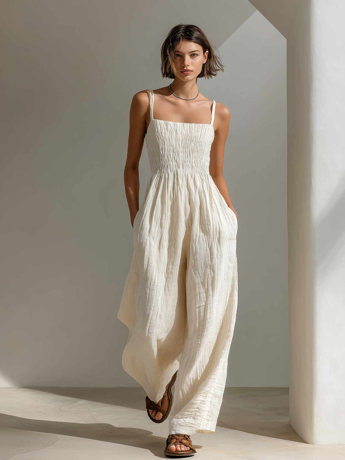 ElevenOra Chic Casual White Strappy Sleeveless Tailored Waist Wide Leg Cotton Crinkle Jumpsuit