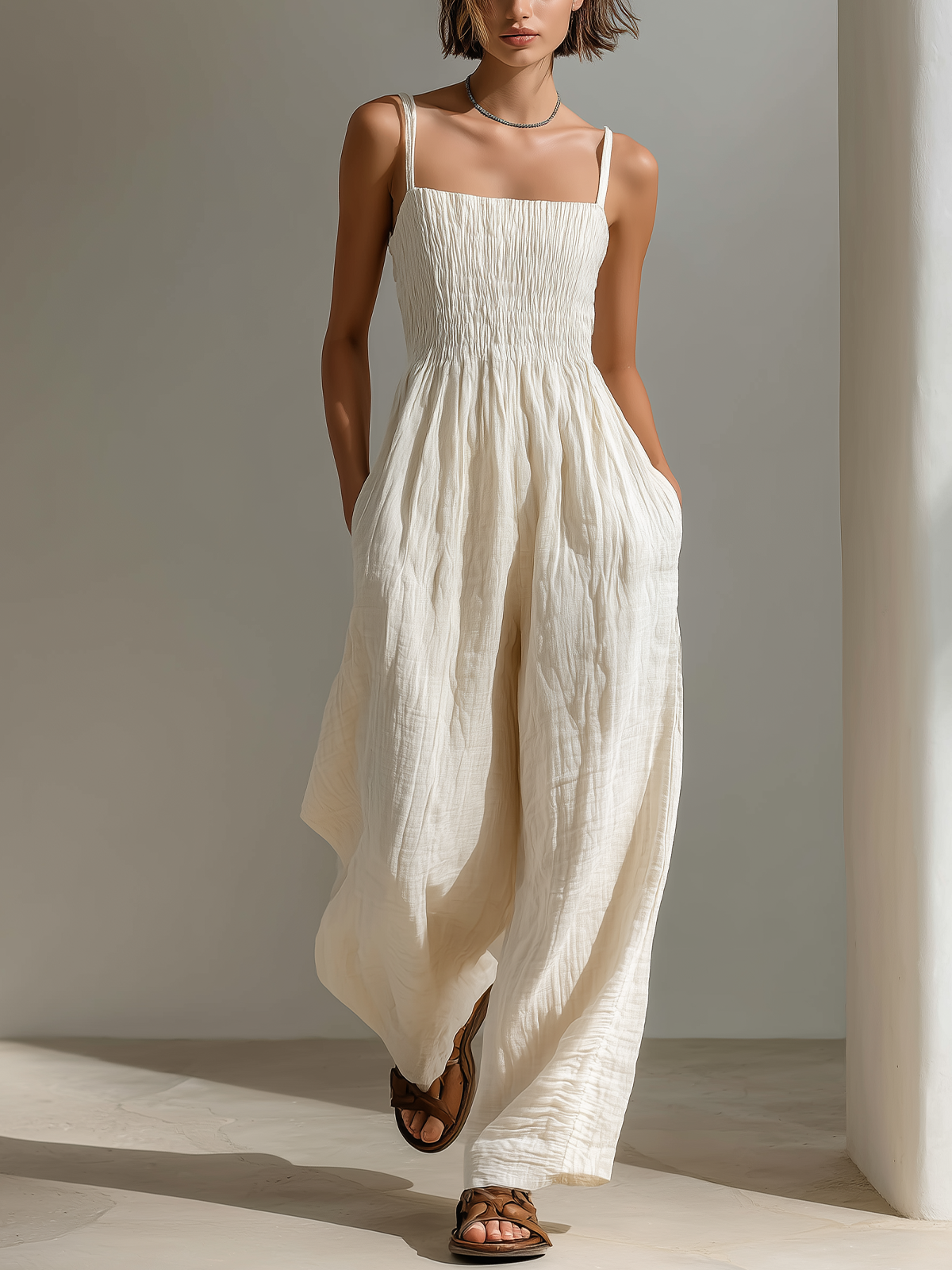 ElevenOra Chic Casual White Strappy Sleeveless Tailored Waist Wide Leg Cotton Crinkle Jumpsuit