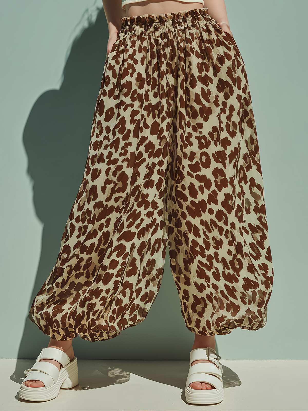 ElevenOra Chic Casual Brown-Camel Leopard Print High Waist Wide Leg Chiffon Pants