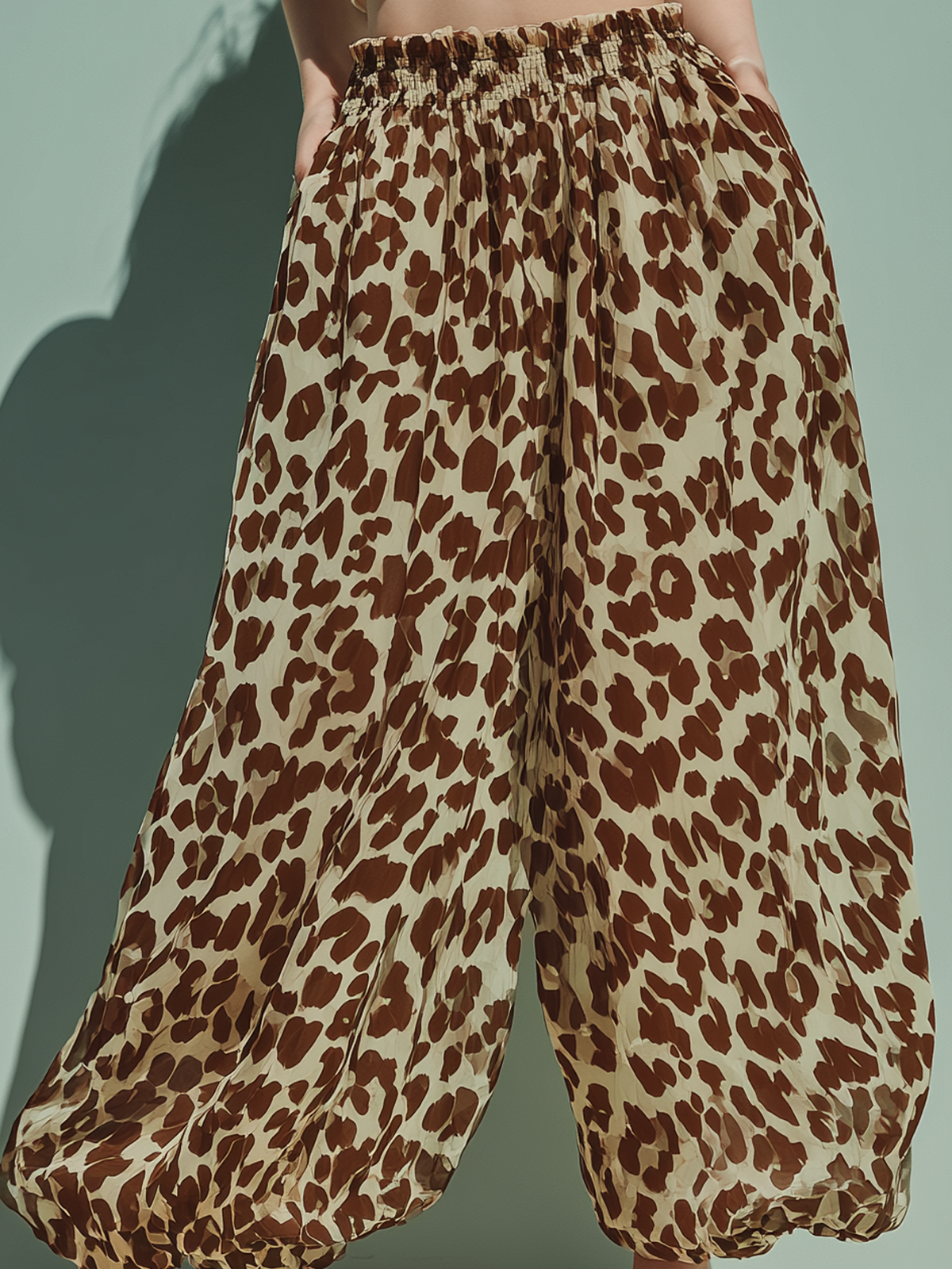 ElevenOra Chic Casual Brown-Camel Leopard Print High Waist Wide Leg Chiffon Pants