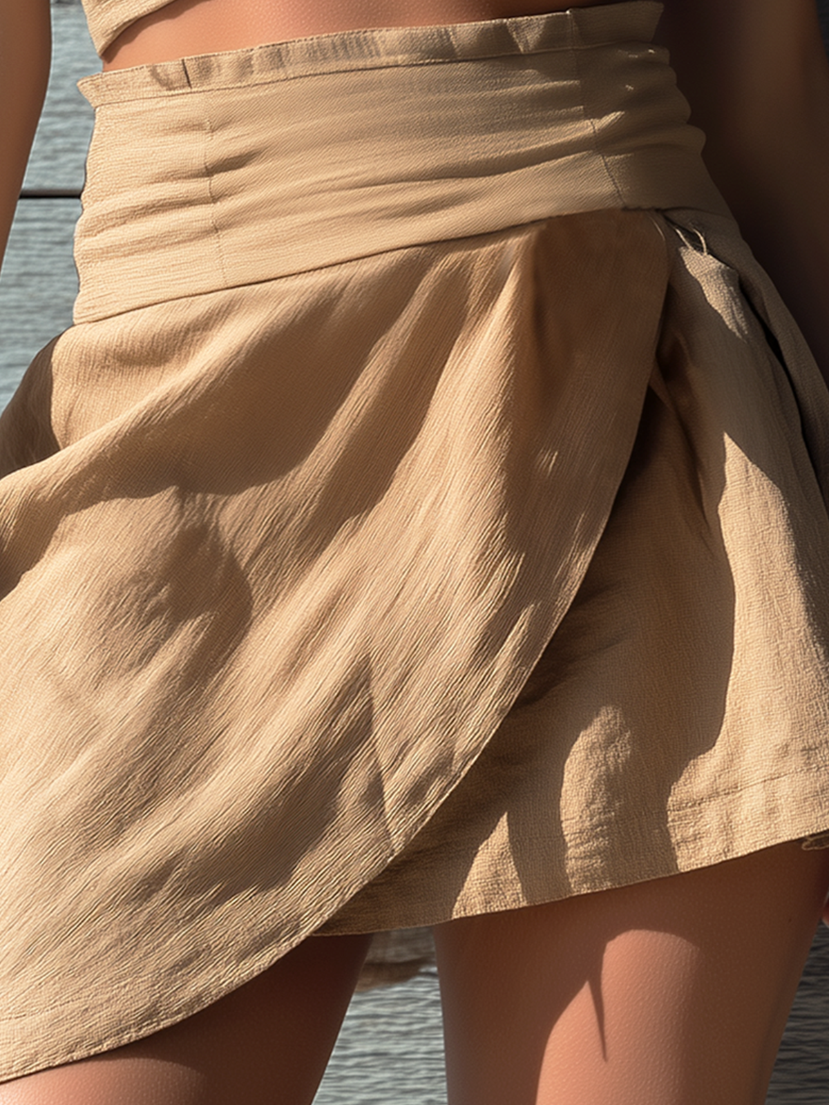 ElevenOra Chic Casual Camel Wrap High-Waist Asymmetrical Hem  A-Line Cotton-Linen Blend Mini Skirt