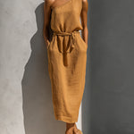ElevenOra Chic Elegant Khaki Linen Blend One-Shoulder Sleeveless Tie-Waist Loose-Fit Midi Dress
