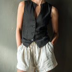 ElevenOra Chic Casual Black Pinstripe Round Neck Single-Breasted Slim-Fit Vest White Drawstring-Waist Shorts Linen Blend Two-Piece Set