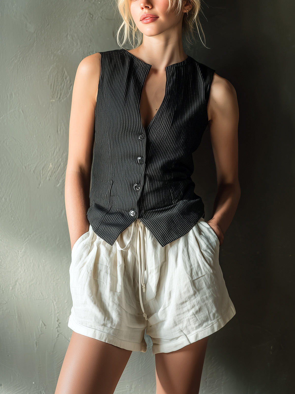 ElevenOra Chic Casual Black Pinstripe Round Neck Single-Breasted Slim-Fit Vest White Drawstring-Waist Shorts Linen Blend Two-Piece Set