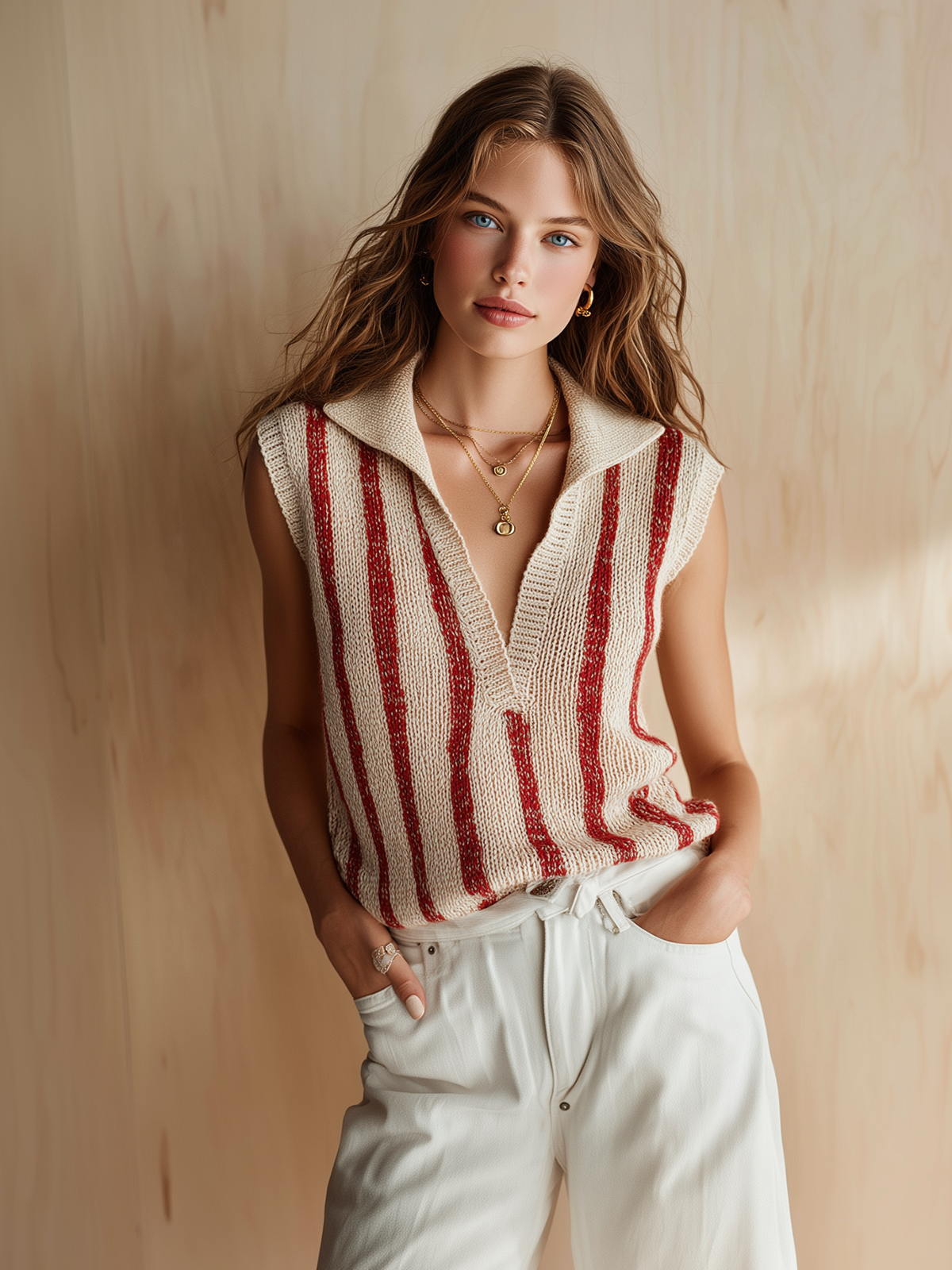 ElevenOra Chic Casual Beige-Red Stripes Lapel Collar V-Neck Sleeveless Loose-Fit Knit Vest Top