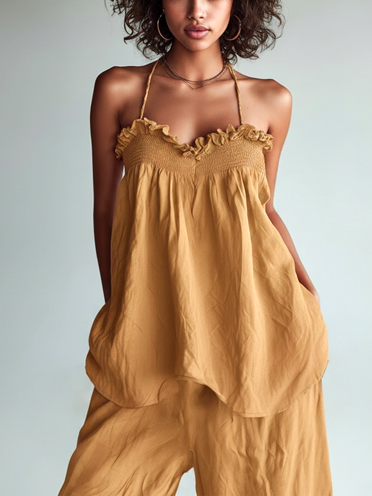 ElevenOra Chic Casual Camel Halter Ruffle Sleeveless Loose-Fit  A-Line Cotton Blend Tank Top