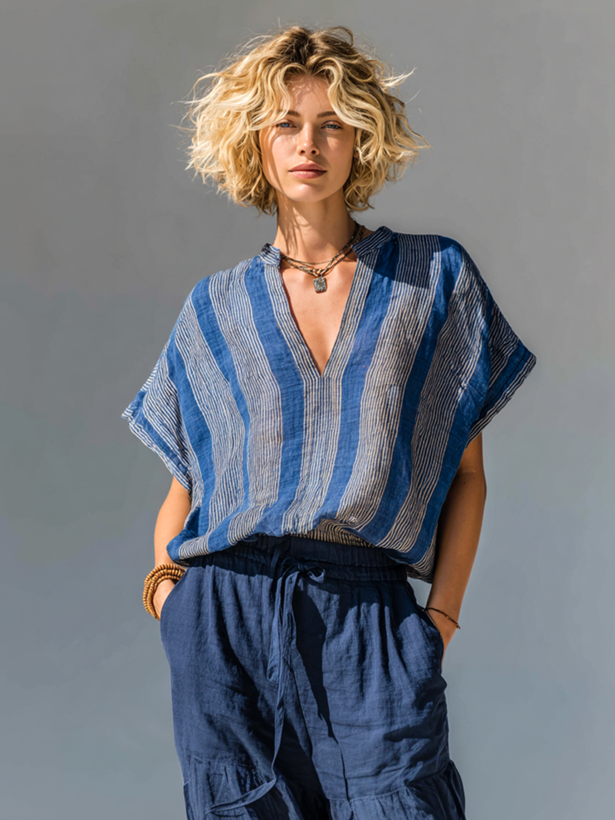 ElevenOra Chic Casual Blue Stripes Stand-Collar V-Neck Batwing Sleeve Loose-Fit Cotton-Linen Blend  Shirt Top