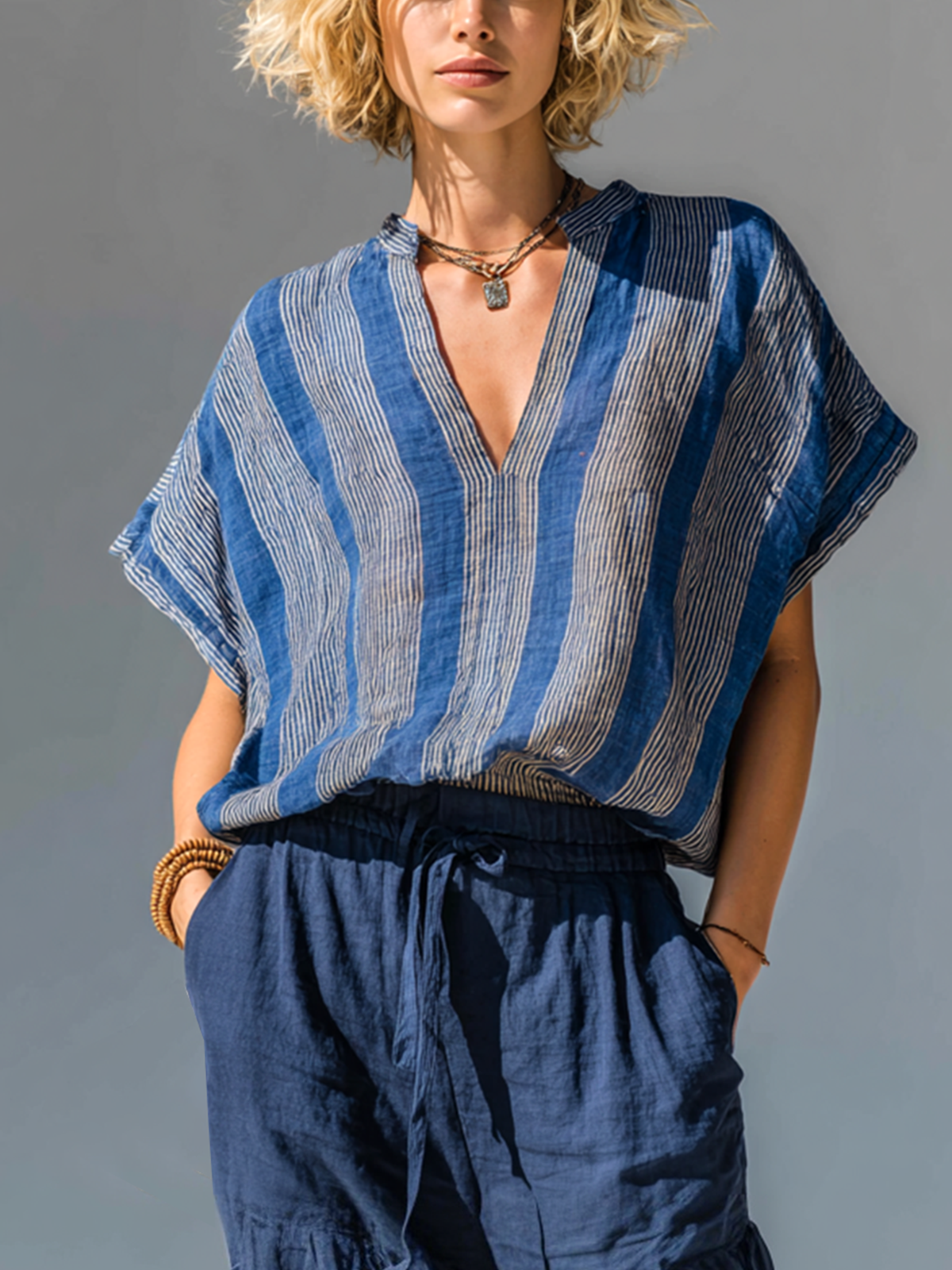 ElevenOra Chic Casual Blue Stripes Stand-Collar V-Neck Batwing Sleeve Loose-Fit Cotton-Linen Blend  Shirt Top
