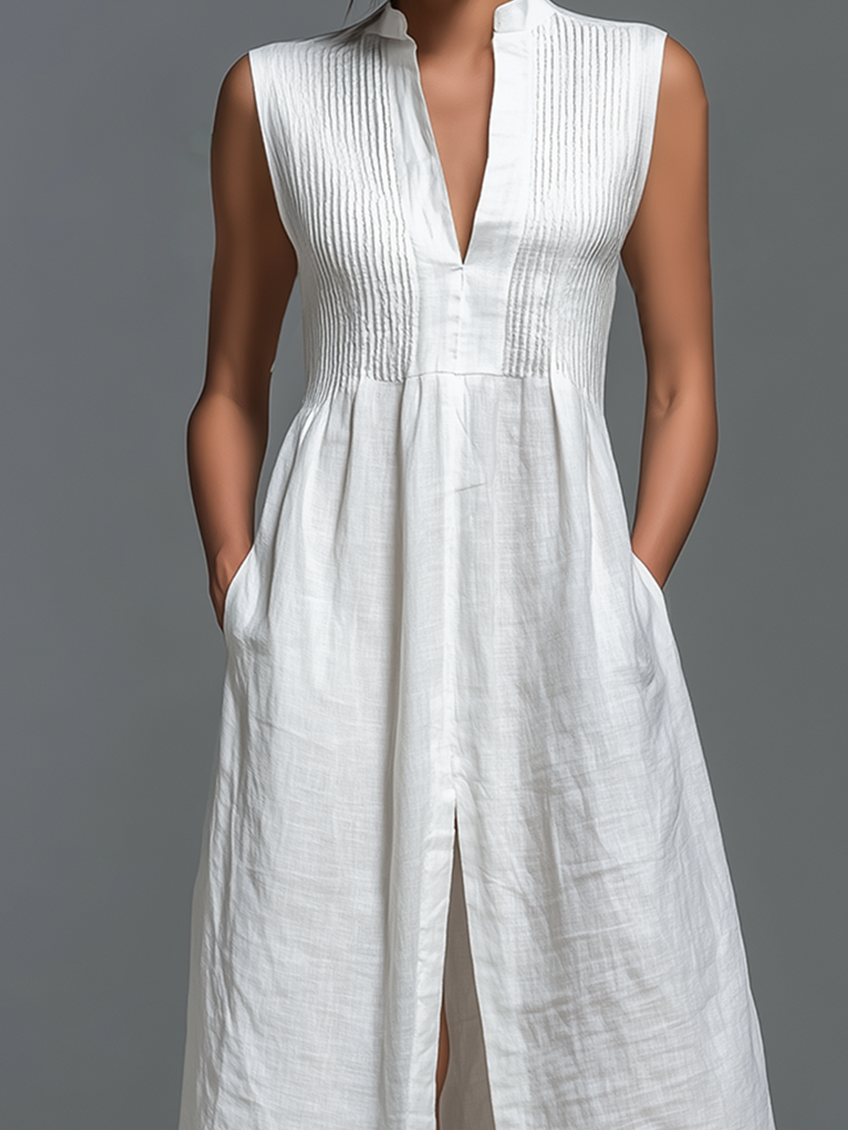 ElevenOra Chic Casual White Stand-Collar V-Neck Smocked Bust Sleeveless Front-Slit Loose-Fit A-Line Cotton-Linen Blend Maxi Dress