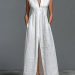 ElevenOra Chic Casual White Stand-Collar V-Neck Smocked Bust Sleeveless Front-Slit Loose-Fit A-Line Cotton-Linen Blend Maxi Dress