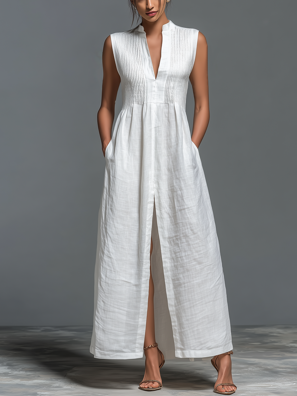 ElevenOra Chic Casual White Stand-Collar V-Neck Smocked Bust Sleeveless Front-Slit Loose-Fit A-Line Cotton-Linen Blend Maxi Dress