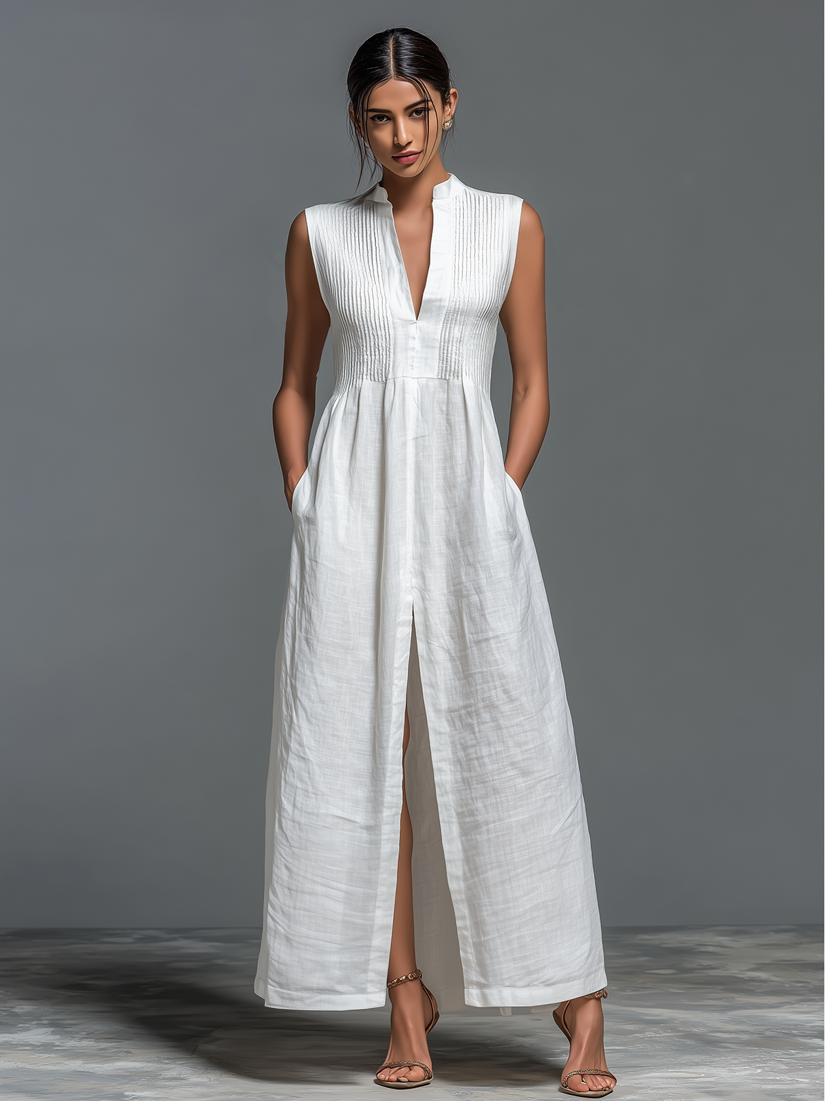ElevenOra Chic Casual White Stand-Collar V-Neck Smocked Bust Sleeveless Front-Slit Loose-Fit A-Line Cotton-Linen Blend Maxi Dress