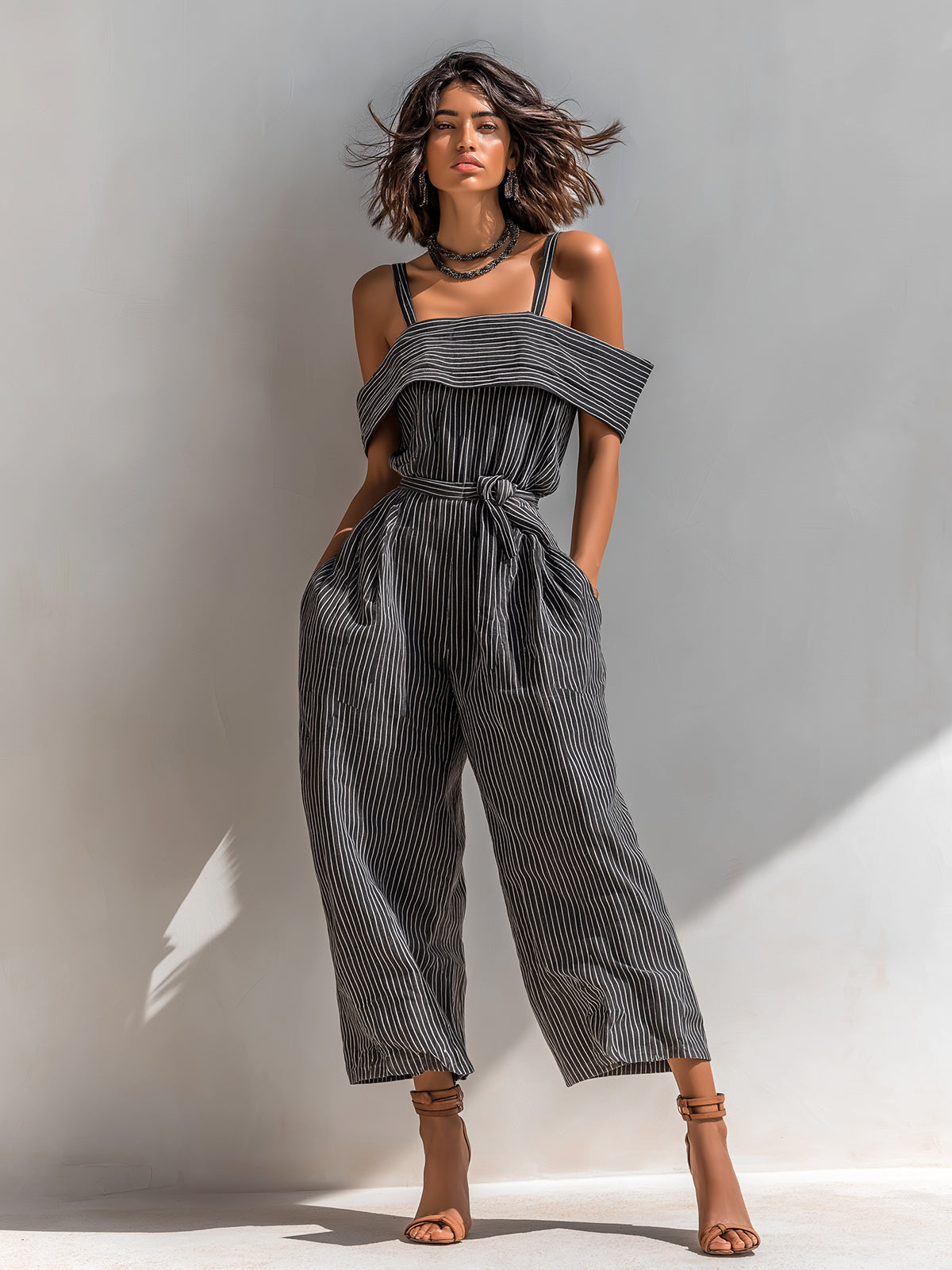 ElevenOra Chic Casual Black Pinstripe Linen Blend Strappy Square-Neck Tie-Waist Loose-Fit Wide-Leg Jumpsuit