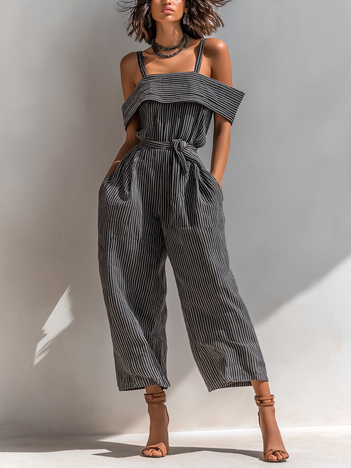 ElevenOra Chic Casual Black Pinstripe Linen Blend Strappy Square-Neck Tie-Waist Loose-Fit Wide-Leg Jumpsuit