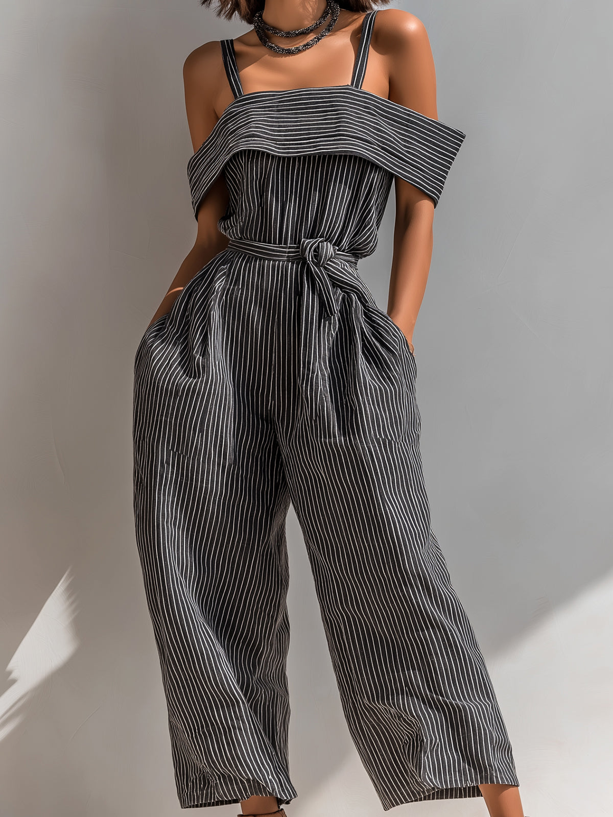 ElevenOra Chic Casual Black Pinstripe Linen Blend Strappy Square-Neck Tie-Waist Loose-Fit Wide-Leg Jumpsuit