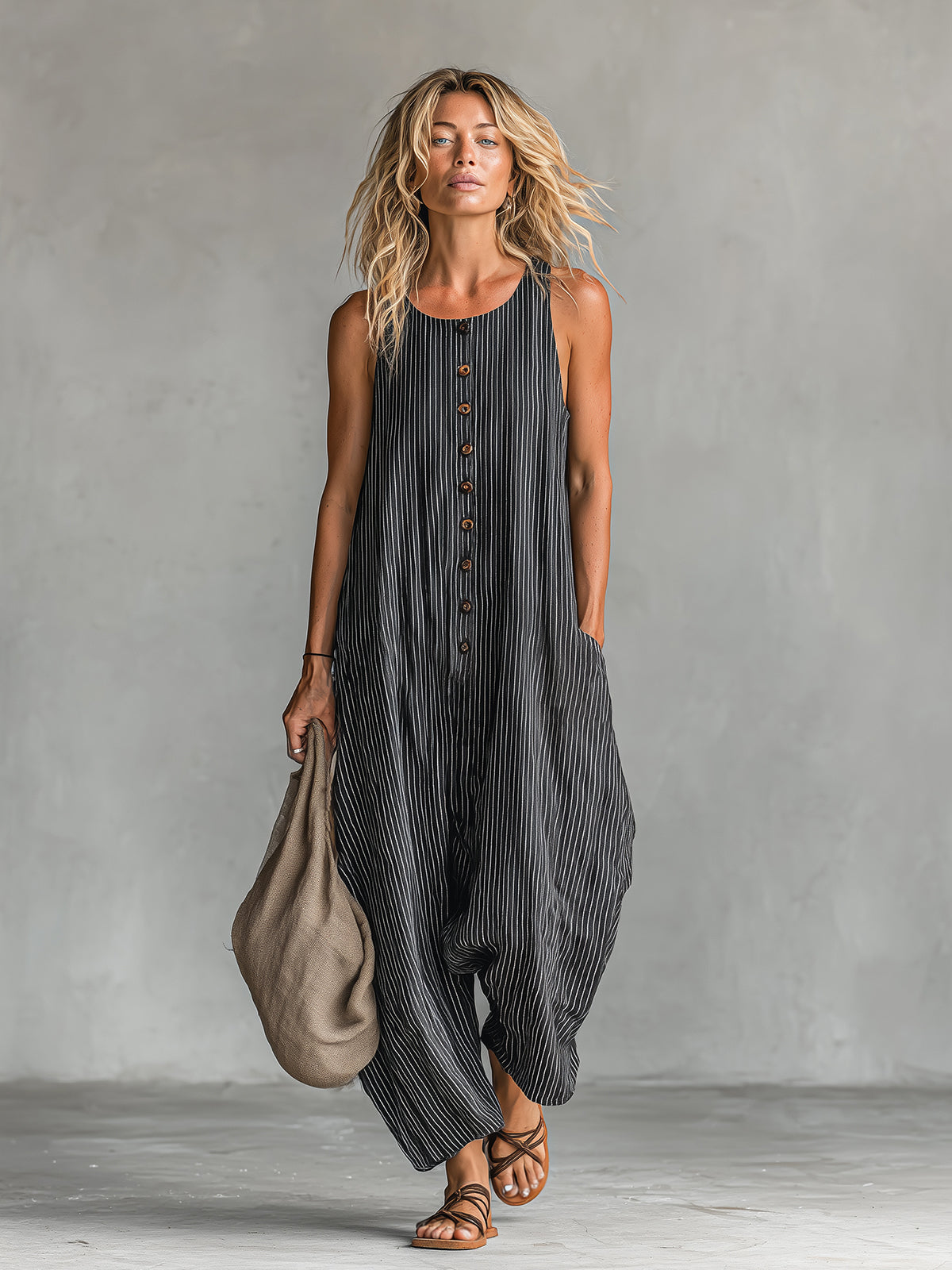 ElevenOra Chic Casual Black Pinstripe Linen Blend Round-Neck Sleeveless Button-Front Oversize Jumpsuit