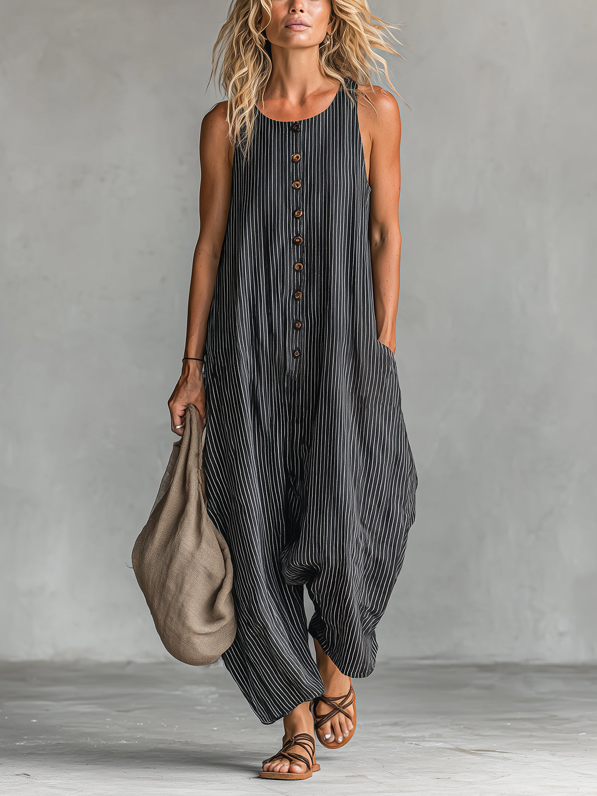 ElevenOra Chic Casual Black Pinstripe Linen Blend Round-Neck Sleeveless Button-Front Oversize Jumpsuit