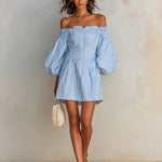 ElevenOra Chic Casual Blue-White Stripes Cotton-Linen Blend Elastic Off-The-Shoulder Lantern-Sleeve Tailored-Waist Mini Dress