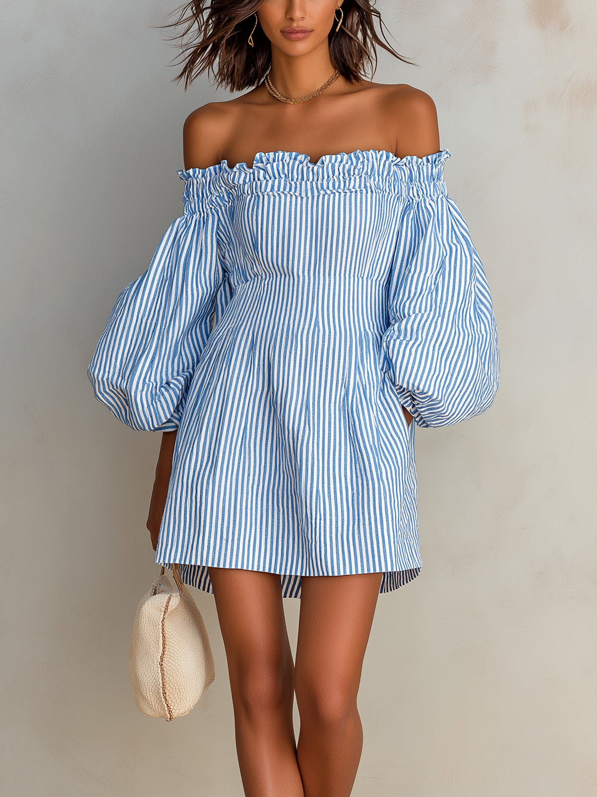 ElevenOra Chic Casual Blue-White Stripes Cotton-Linen Blend Elastic Off-The-Shoulder Lantern-Sleeve Tailored-Waist Mini Dress