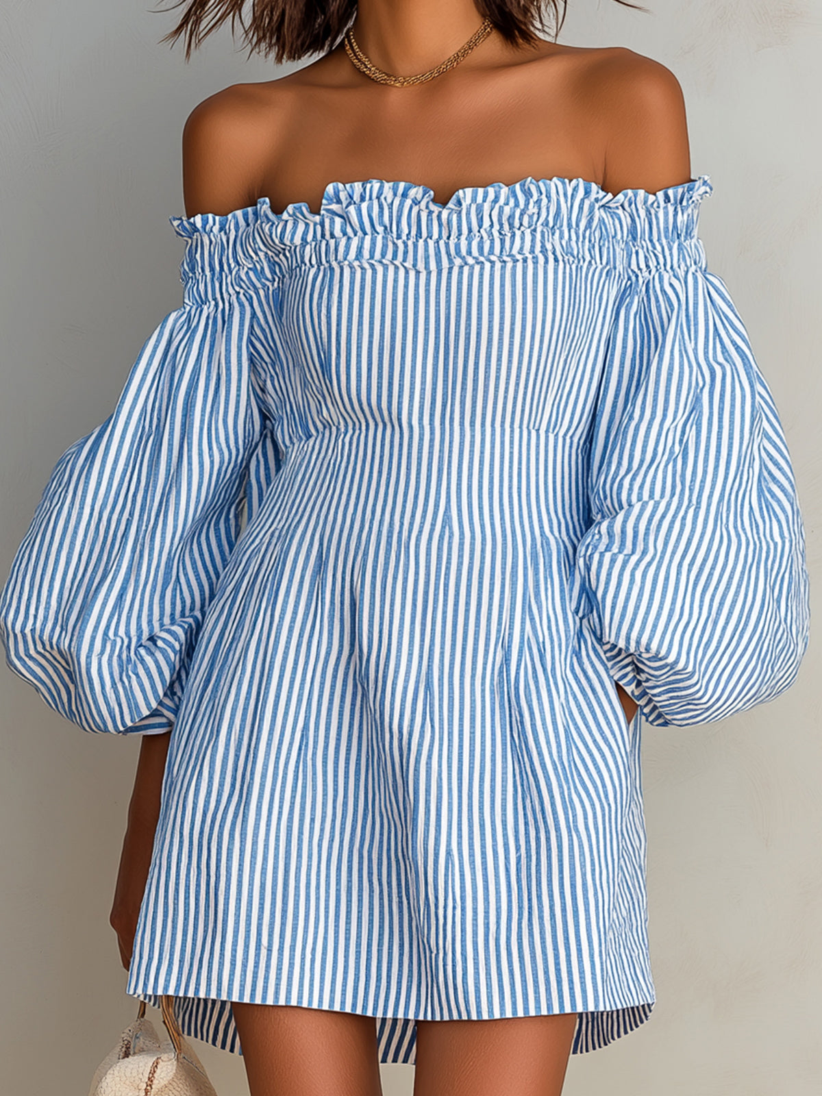 ElevenOra Chic Casual Blue-White Stripes Cotton-Linen Blend Elastic Off-The-Shoulder Lantern-Sleeve Tailored-Waist Mini Dress