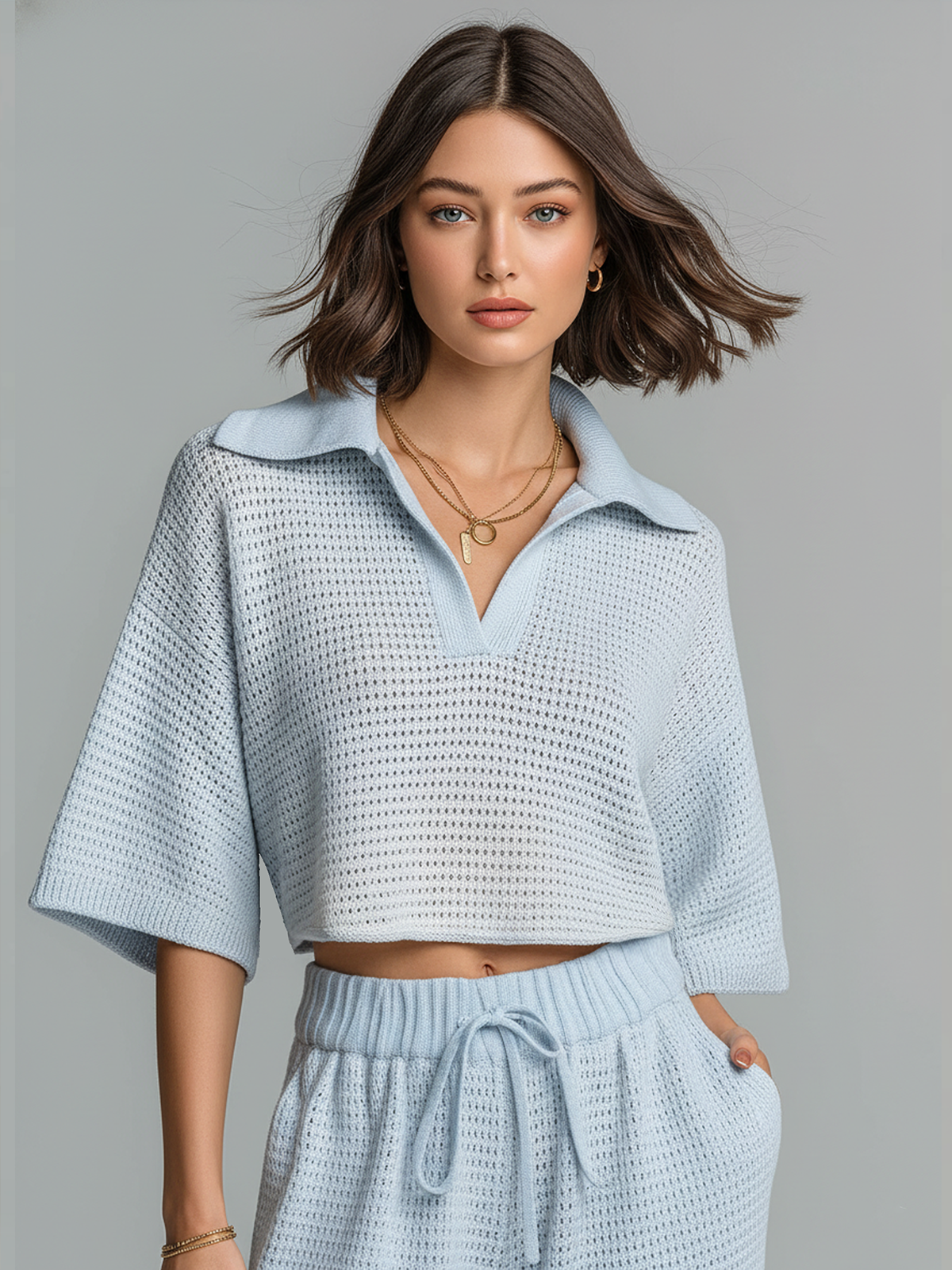 ElevenOra Chic Casual Light Blue Lapel Collar V-Neck Short-Sleeve Loose-Fit Mesh-Knit Shirt Top