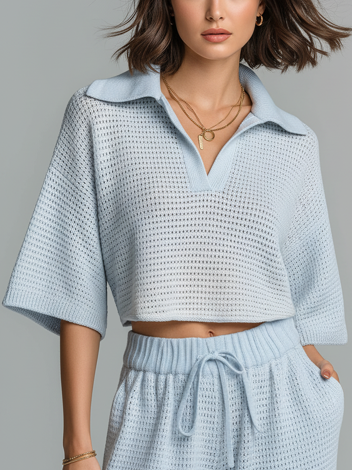 ElevenOra Chic Casual Light Blue Lapel Collar V-Neck Short-Sleeve Loose-Fit Mesh-Knit Shirt Top