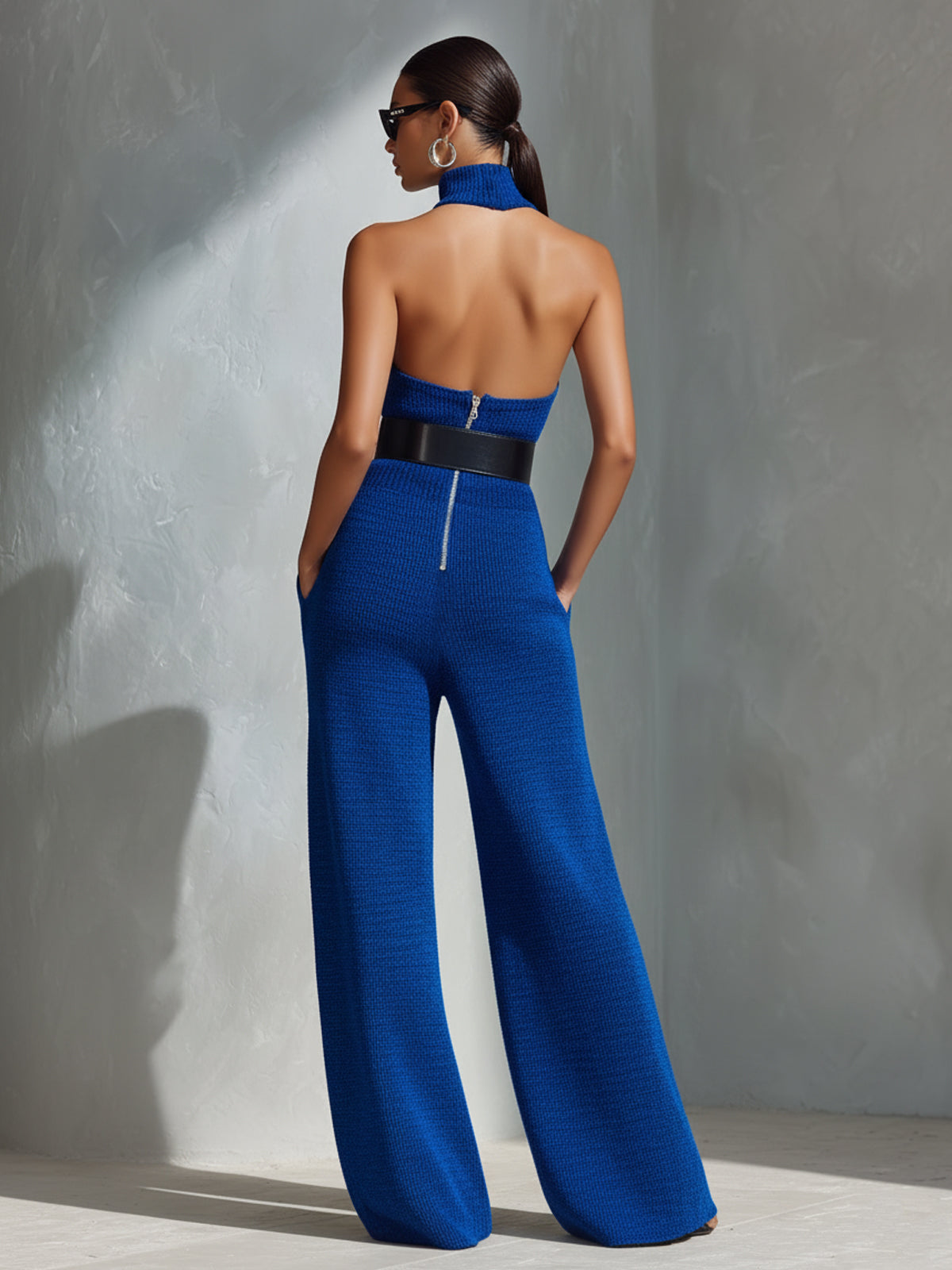 ElevenOra Chic Elegant Royal Blue Mock-Neck Cutout Detail Sleeveless Belted Slim-Fit Wide-Leg Jumpsuit