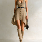 ElevenOra Chic Elegant Camel U-Neck Sleeveless Button-Front Belted Asymmetrical Hem Ribbed Knit Mini Dress