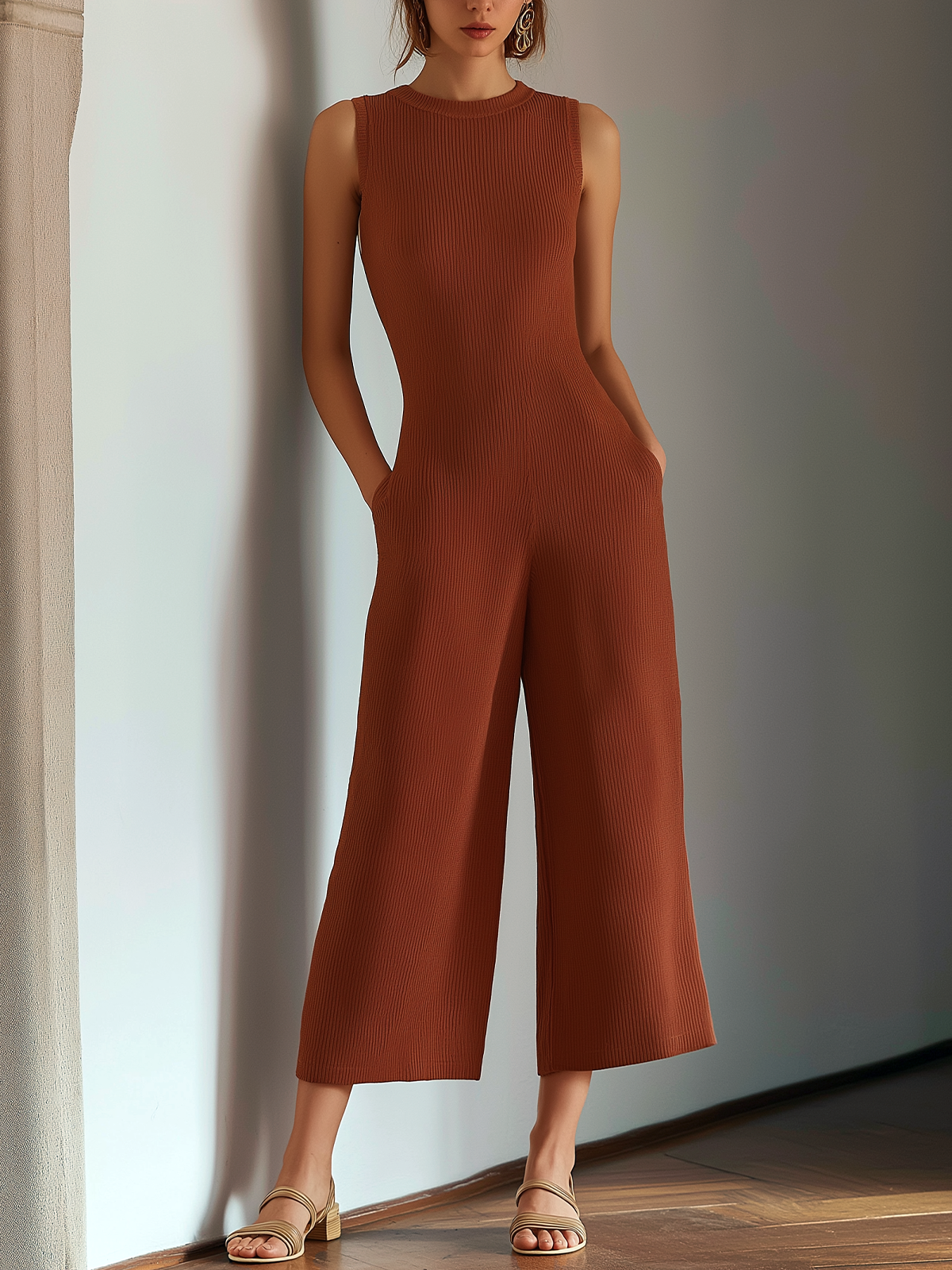ElevenOra Chic Casual Caramel Brown Round-Neck Sleeveless Loose-Fit Rib Knit Wide-Leg Cropped Jumpsuit