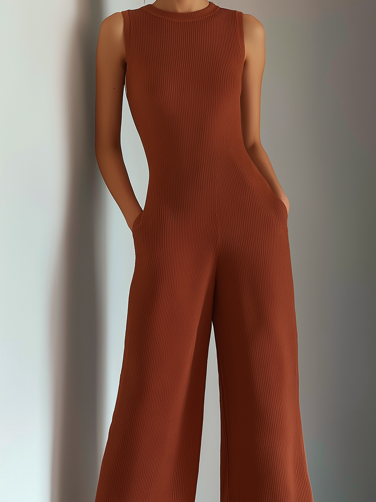ElevenOra Chic Casual Caramel Brown Round-Neck Sleeveless Loose-Fit Rib Knit Wide-Leg Cropped Jumpsuit
