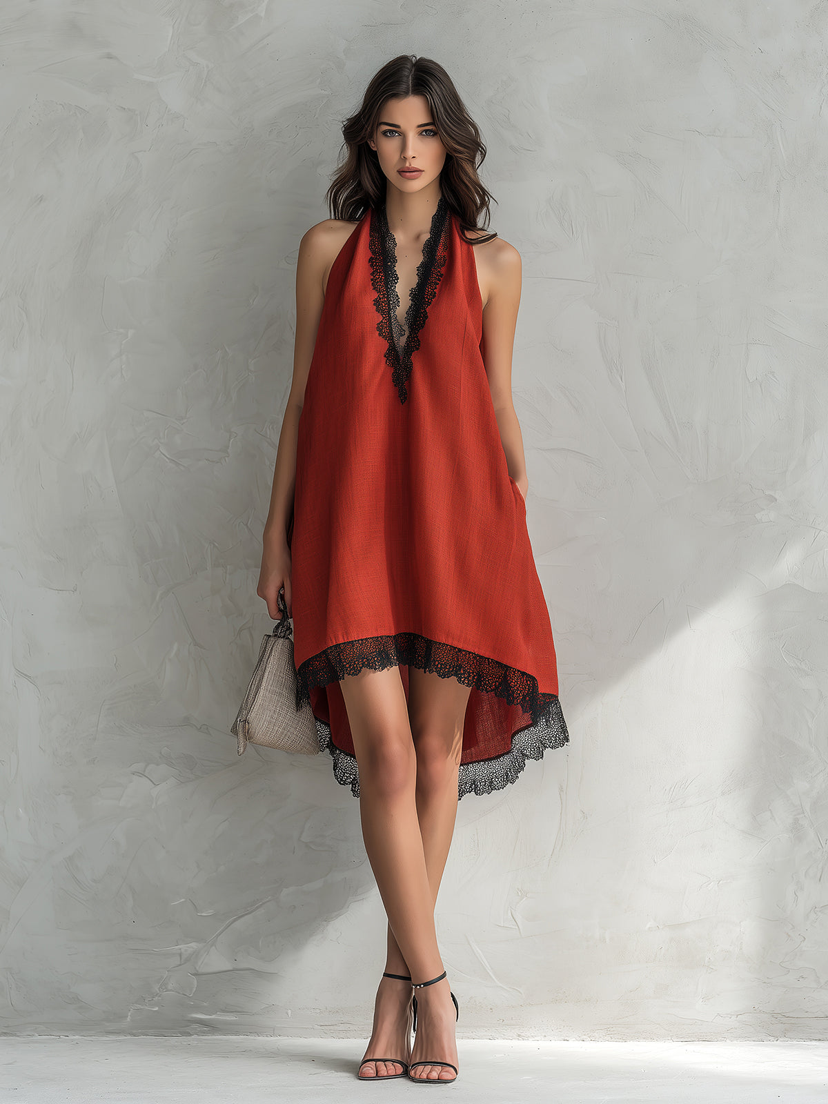 ElevenOra Chic Elegant Red Halter V-Neck Sleeveless Lace Trim Detail Loose-Fit A-Line Asymmetrical Hem Midi Dress