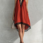 ElevenOra Chic Elegant Red Halter V-Neck Sleeveless Lace Trim Detail Loose-Fit A-Line Asymmetrical Hem Midi Dress
