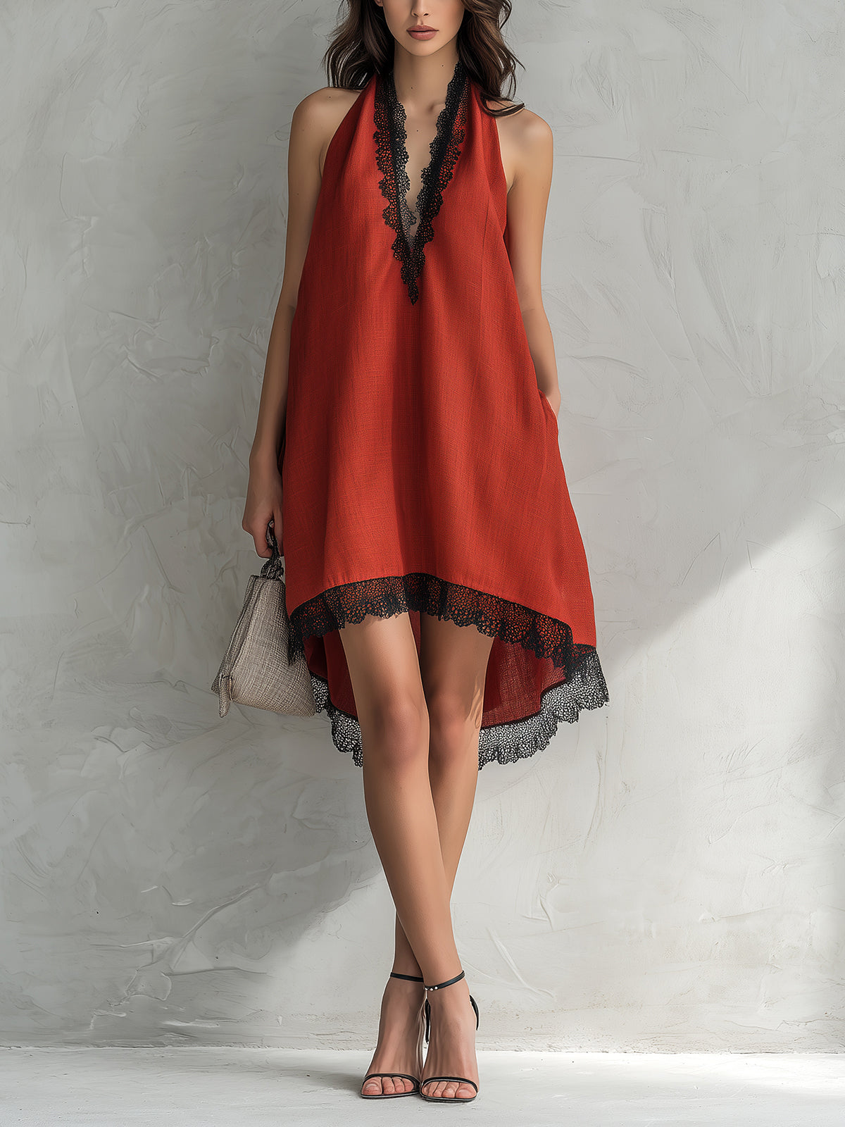 ElevenOra Chic Elegant Red Halter V-Neck Sleeveless Lace Trim Detail Loose-Fit A-Line Asymmetrical Hem Midi Dress