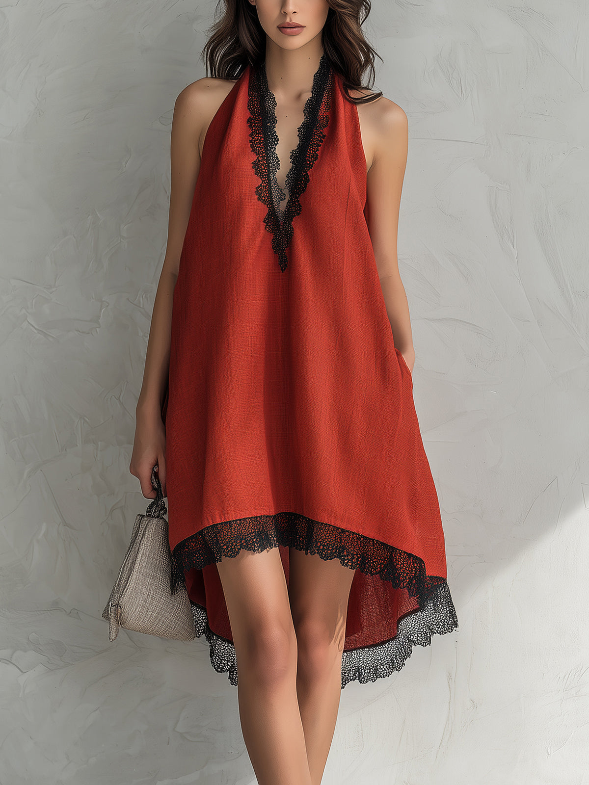 ElevenOra Chic Elegant Red Halter V-Neck Sleeveless Lace Trim Detail Loose-Fit A-Line Asymmetrical Hem Midi Dress