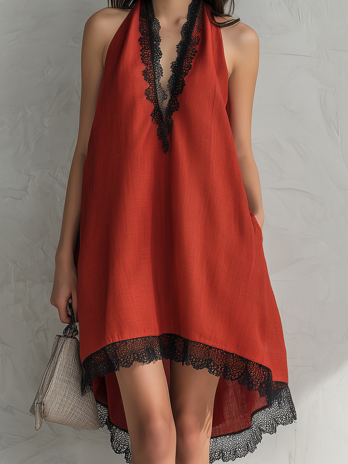 ElevenOra Chic Elegant Red Halter V-Neck Sleeveless Lace Trim Detail Loose-Fit A-Line Asymmetrical Hem Midi Dress