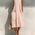 ElevenOra Chic Elegant Light Pink Linen Round-Neck Sleeveless Pleats Detail Patch Pockets Loose-Fit A-Line Midi Dress