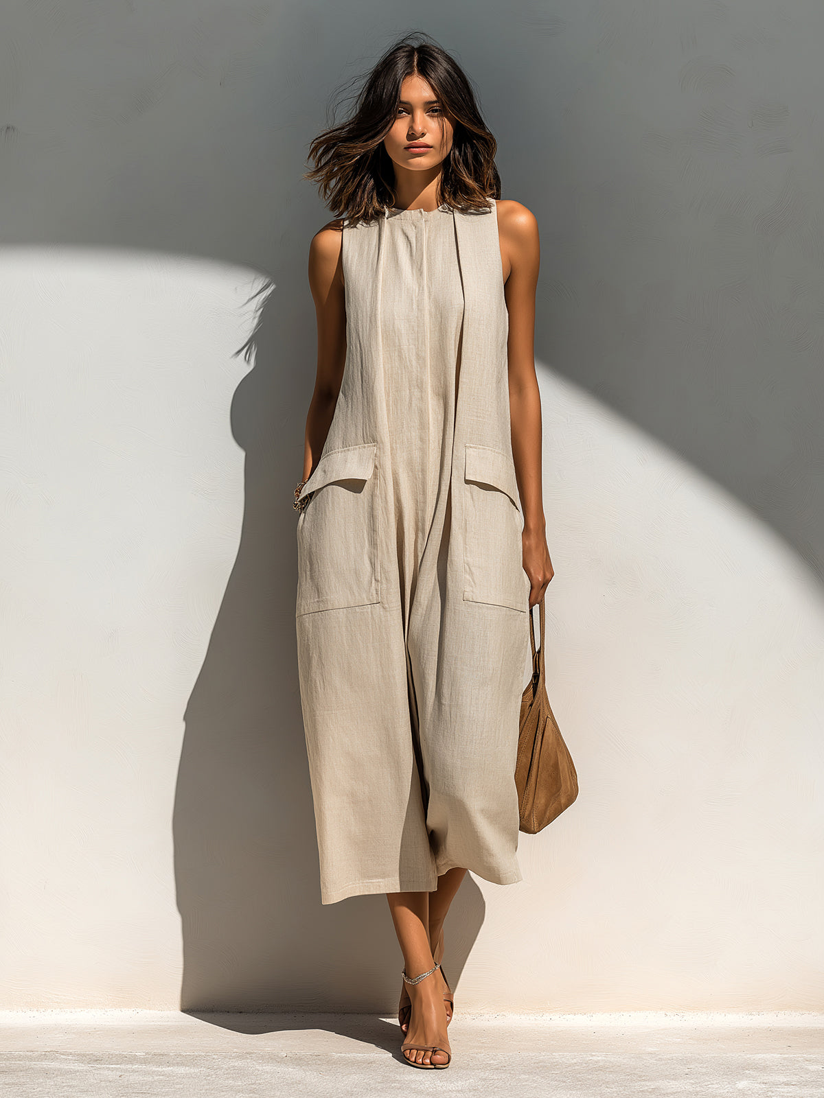 ElevenOra Chic Elegant Beige Linen Round-Neck Sleeveless Pockets Detail Loose-Fit Wide-Leg Cropped Jumpsuit