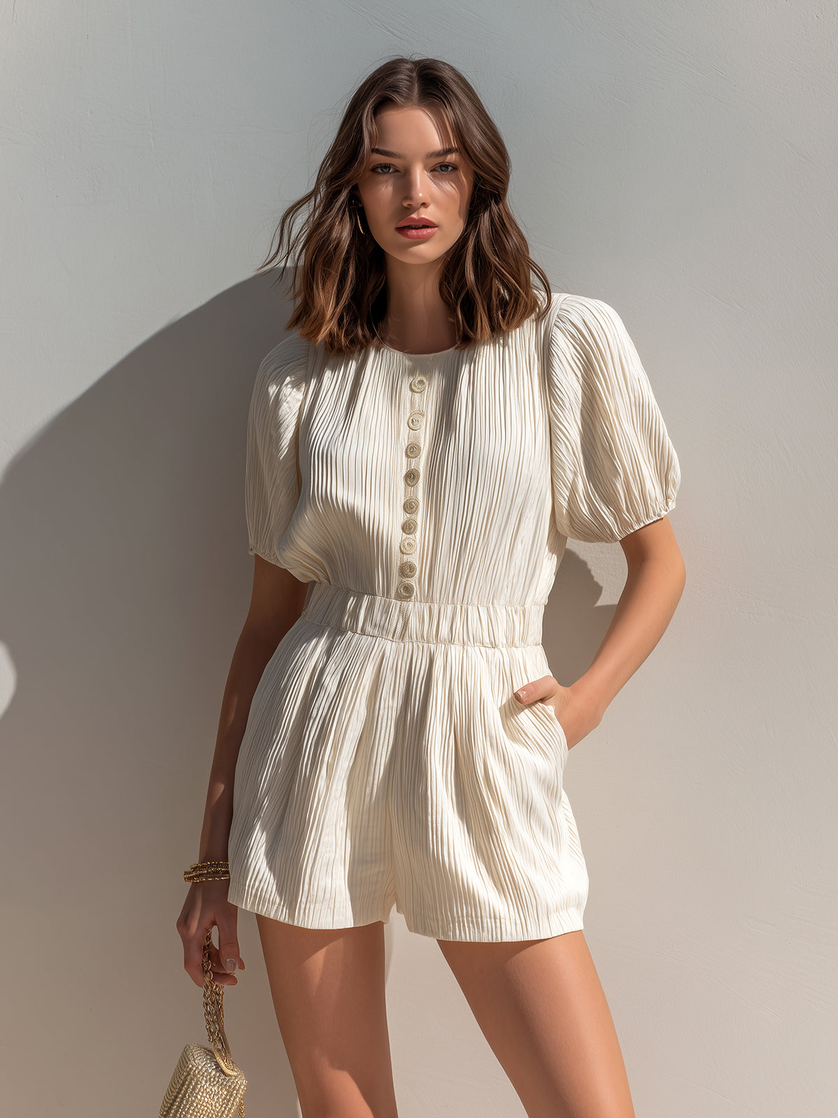 ElevenOra Chic Elegant Cream White Pleated Cotton Blend Round-Neck Short-Sleeve Button-Front Loose-Fit Romper
