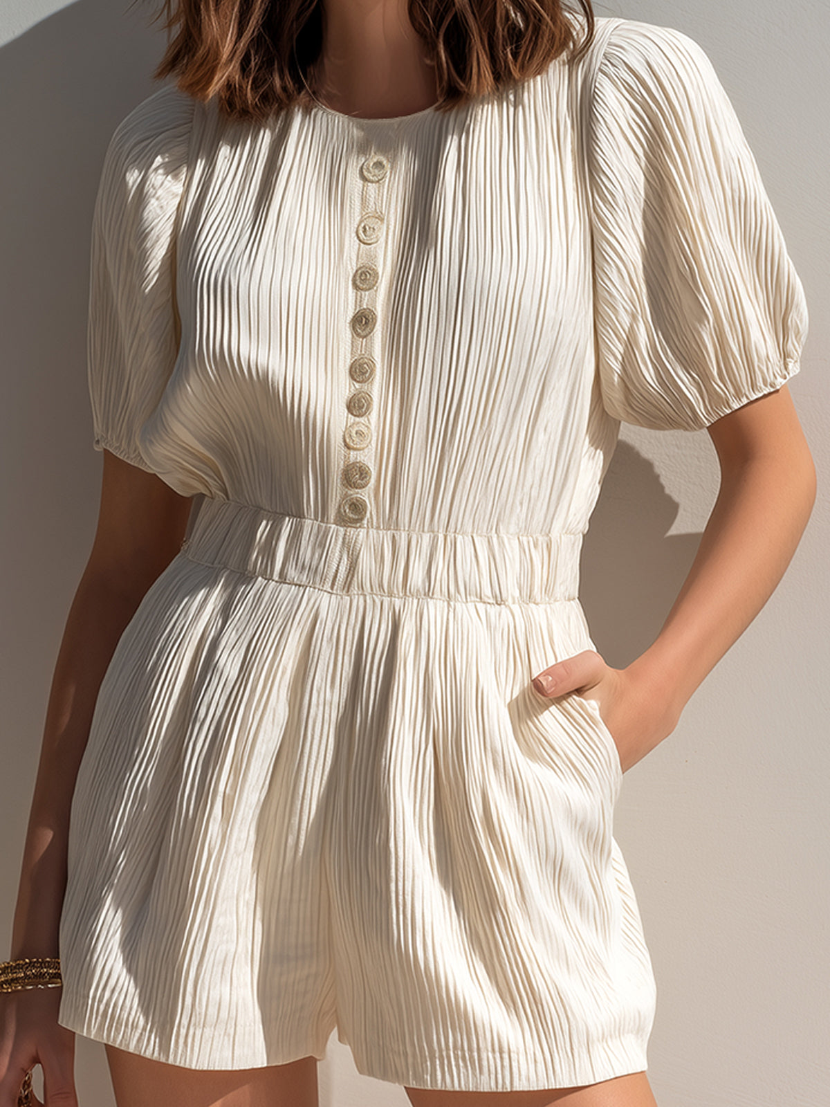 ElevenOra Chic Elegant Cream White Pleated Cotton Blend Round-Neck Short-Sleeve Button-Front Loose-Fit Romper