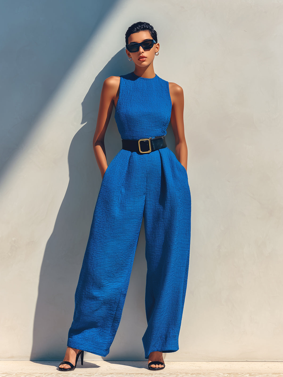 ElevenOra Chic Elegant Royal Blue Textured Cotton Blend Round-Neck Sleeveless Tailored-Waist Belted Wide-Leg Jumpsuit