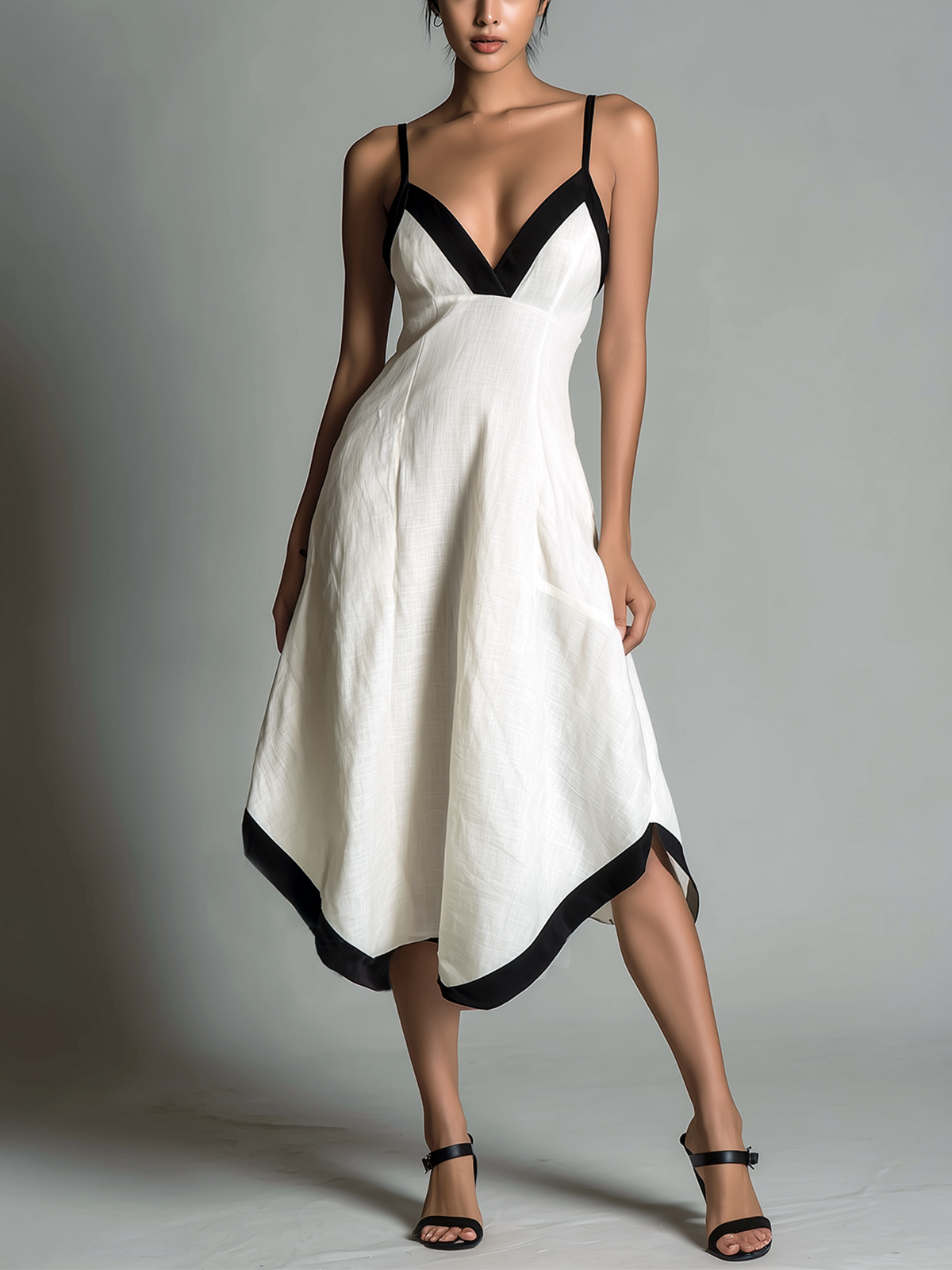 ElevenOra Chic Elegant  White-Black Colorblock Spaghetti Straps V-Neck Sleeveless Asymmetric Hem A-Line Cotton-Linen Blend Midi Dress