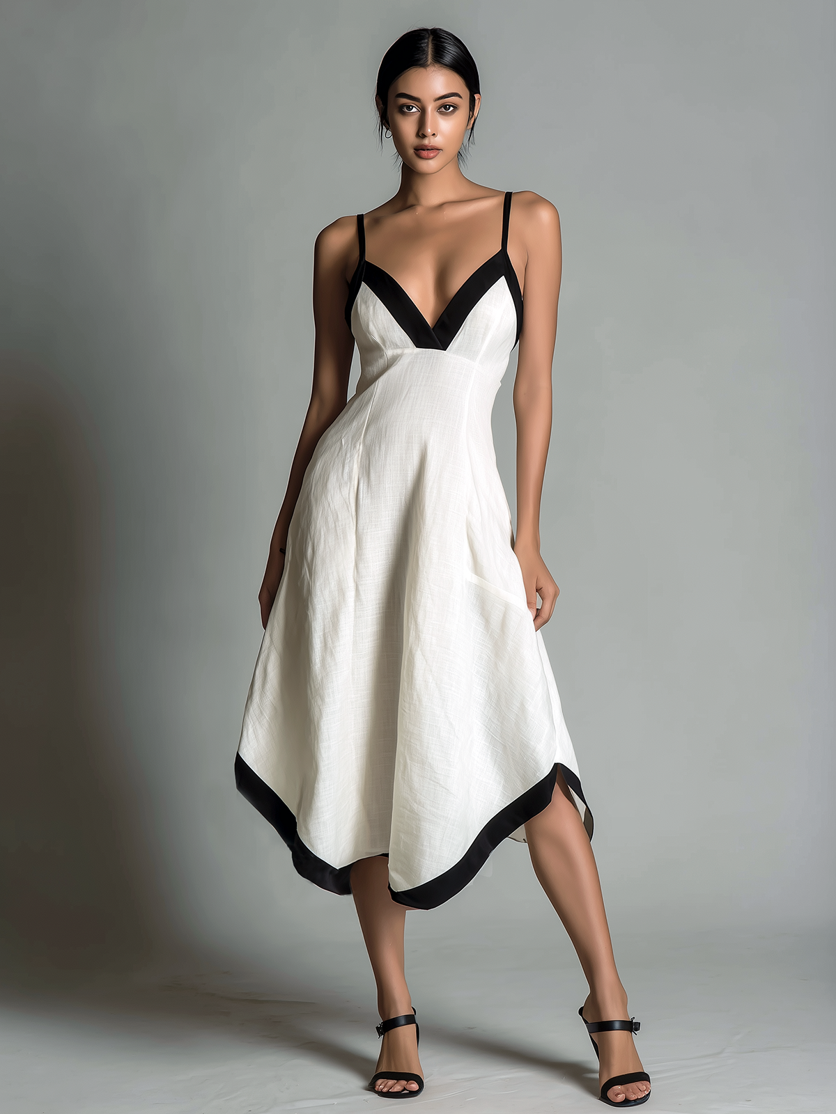 ElevenOra Chic Elegant  White-Black Colorblock Spaghetti Straps V-Neck Sleeveless Asymmetric Hem A-Line Cotton-Linen Blend Midi Dress