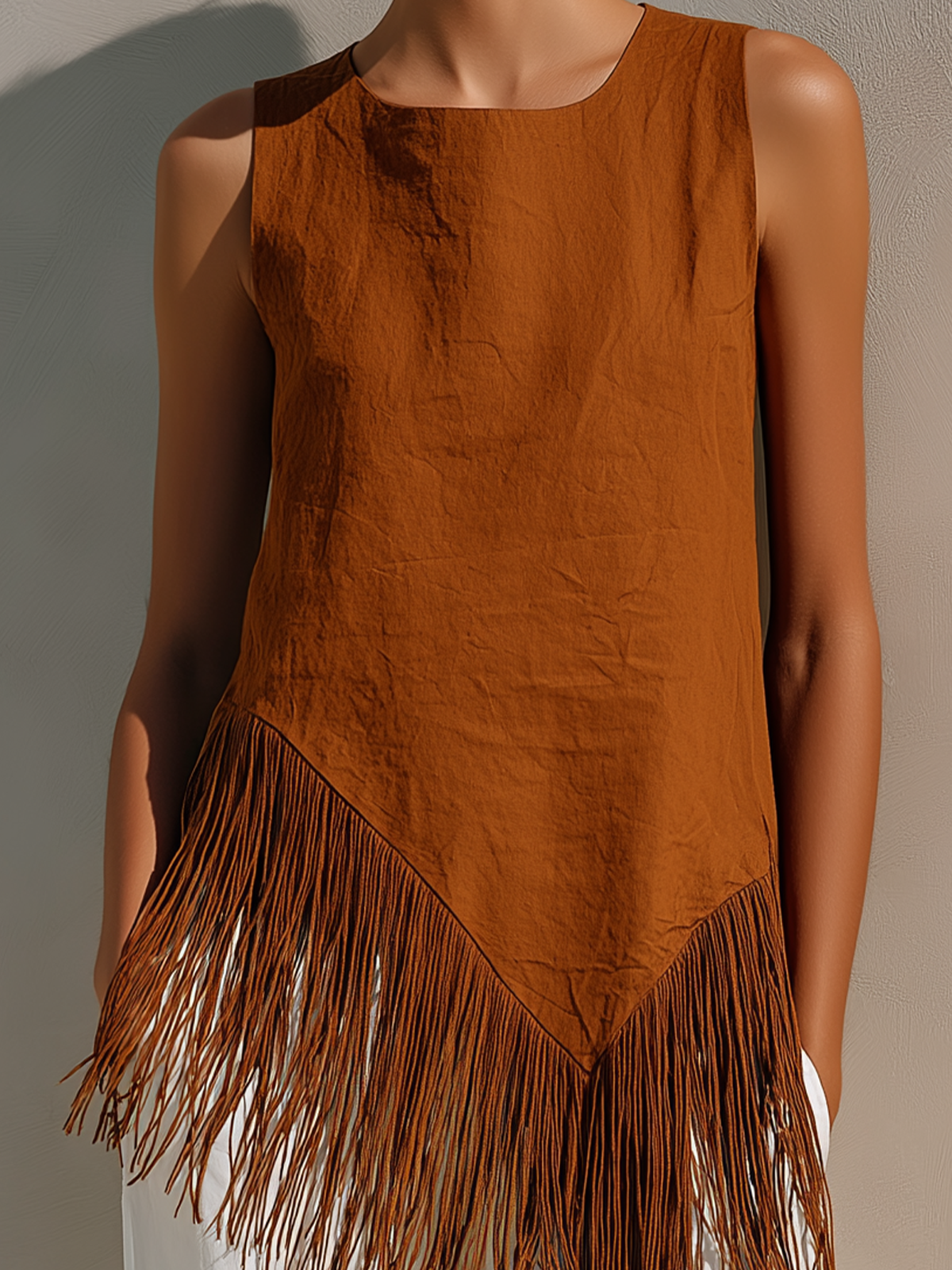 ElevenOra Chic Elegant Caramel Brown Round-Neck Sleeveless Irregular Tassel Trim Detail Loose-Fit Cotton Blend Vest