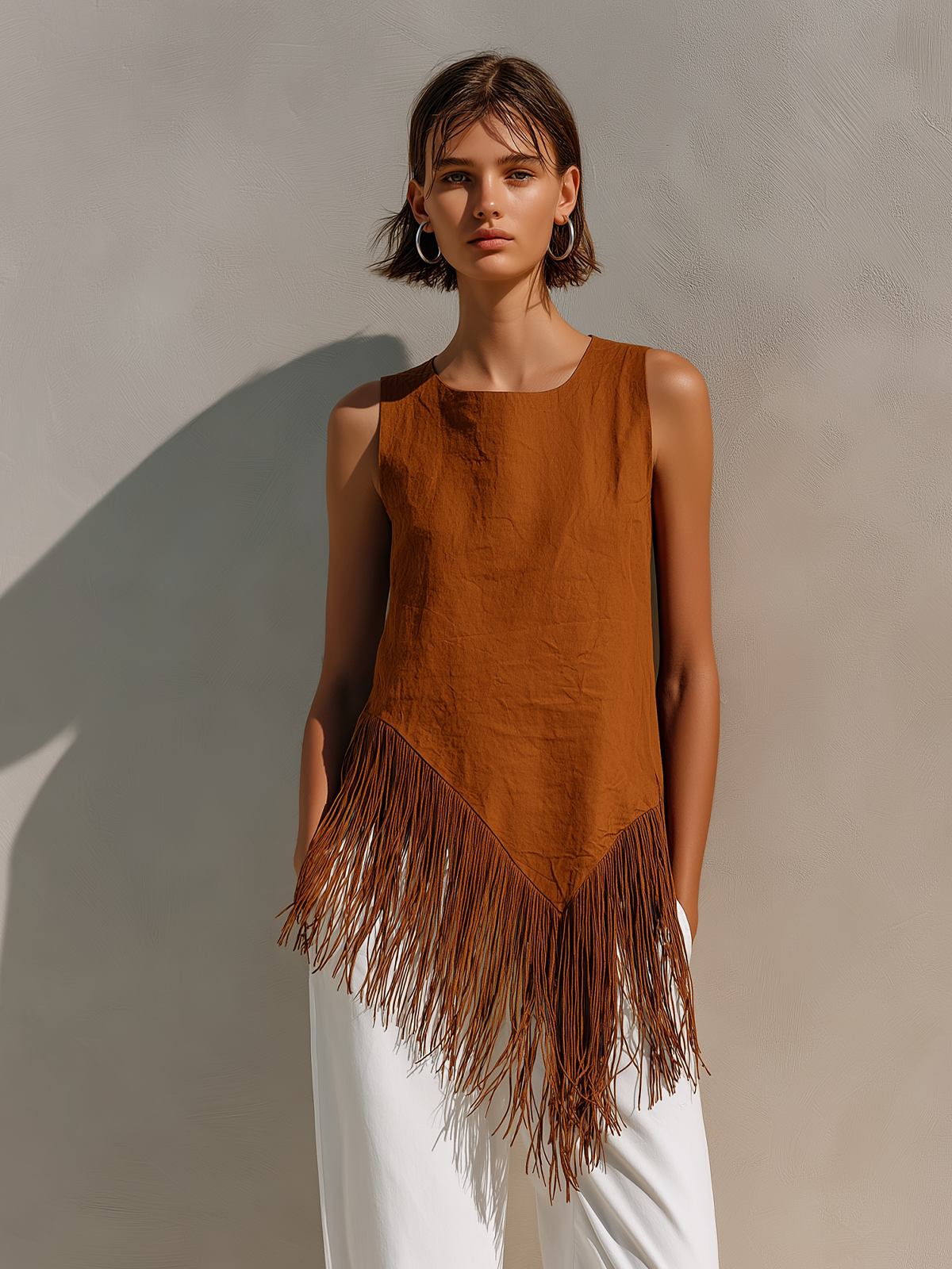 ElevenOra Chic Elegant Caramel Brown Round-Neck Sleeveless Irregular Tassel Trim Detail Loose-Fit Cotton Blend Vest
