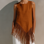 ElevenOra Chic Elegant Caramel Brown Round-Neck Sleeveless Irregular Tassel Trim Detail Loose-Fit Cotton Blend Vest