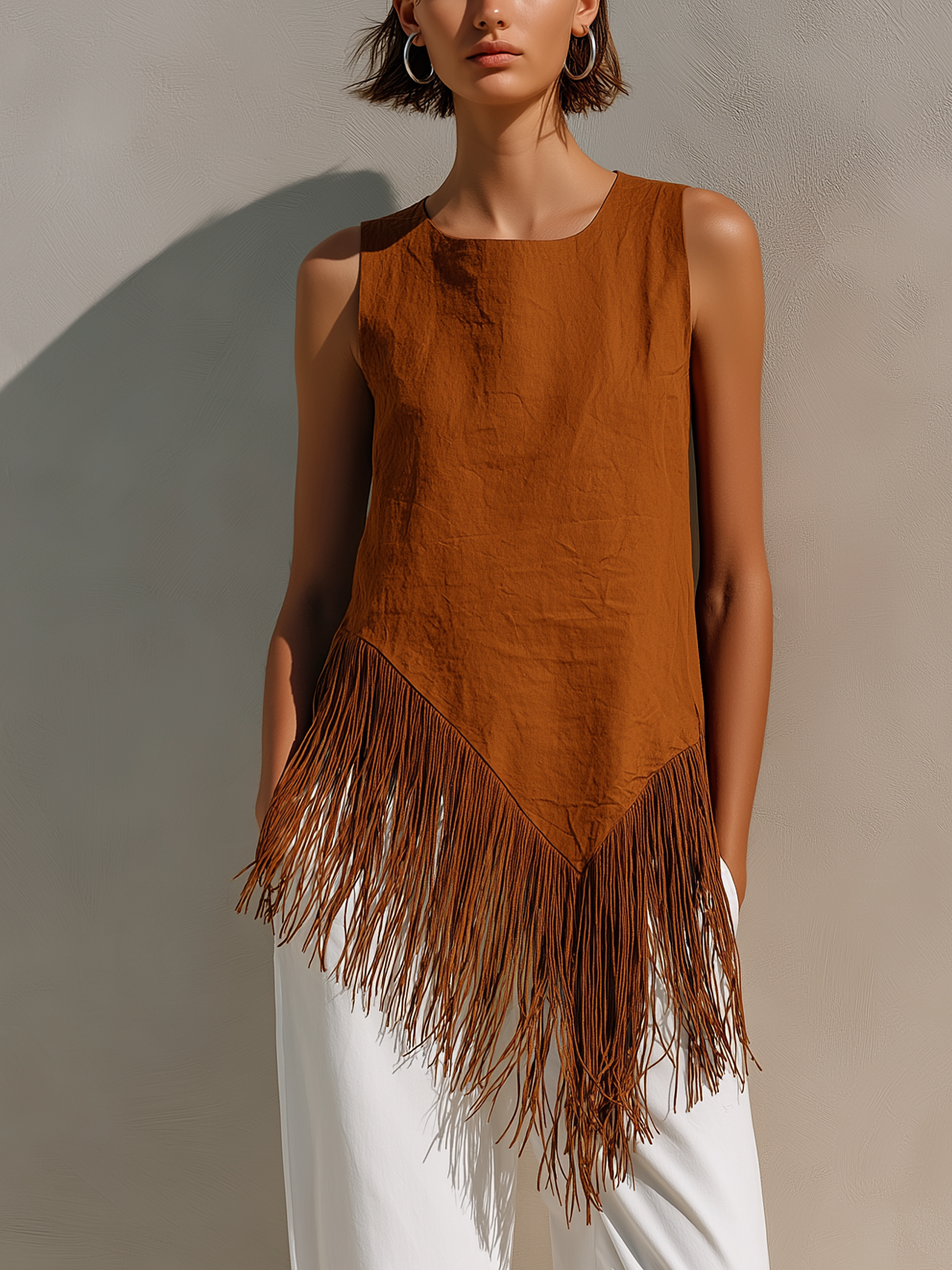 ElevenOra Chic Elegant Caramel Brown Round-Neck Sleeveless Irregular Tassel Trim Detail Loose-Fit Cotton Blend Vest