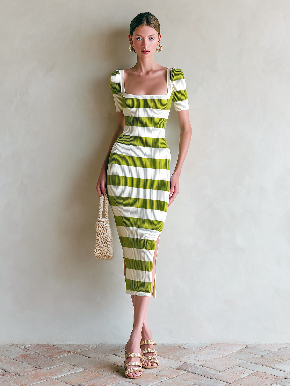 ElevenOra Chic Elegant Green-White Striped Square Collar Button-Up Short-Sleeve Side Slit Slim Fit Ribbed Knit Midi Dress